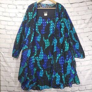 Vtg 90s Lori Max 2Pc Set Blue Black Abstract Sleeveless Shift Dress Semi Formal